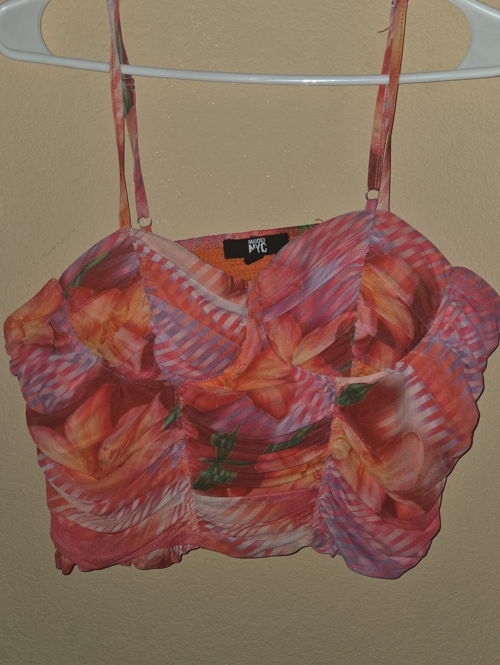 Madison NYC Pink-Orange Floral Ruched Bustier Crop Top